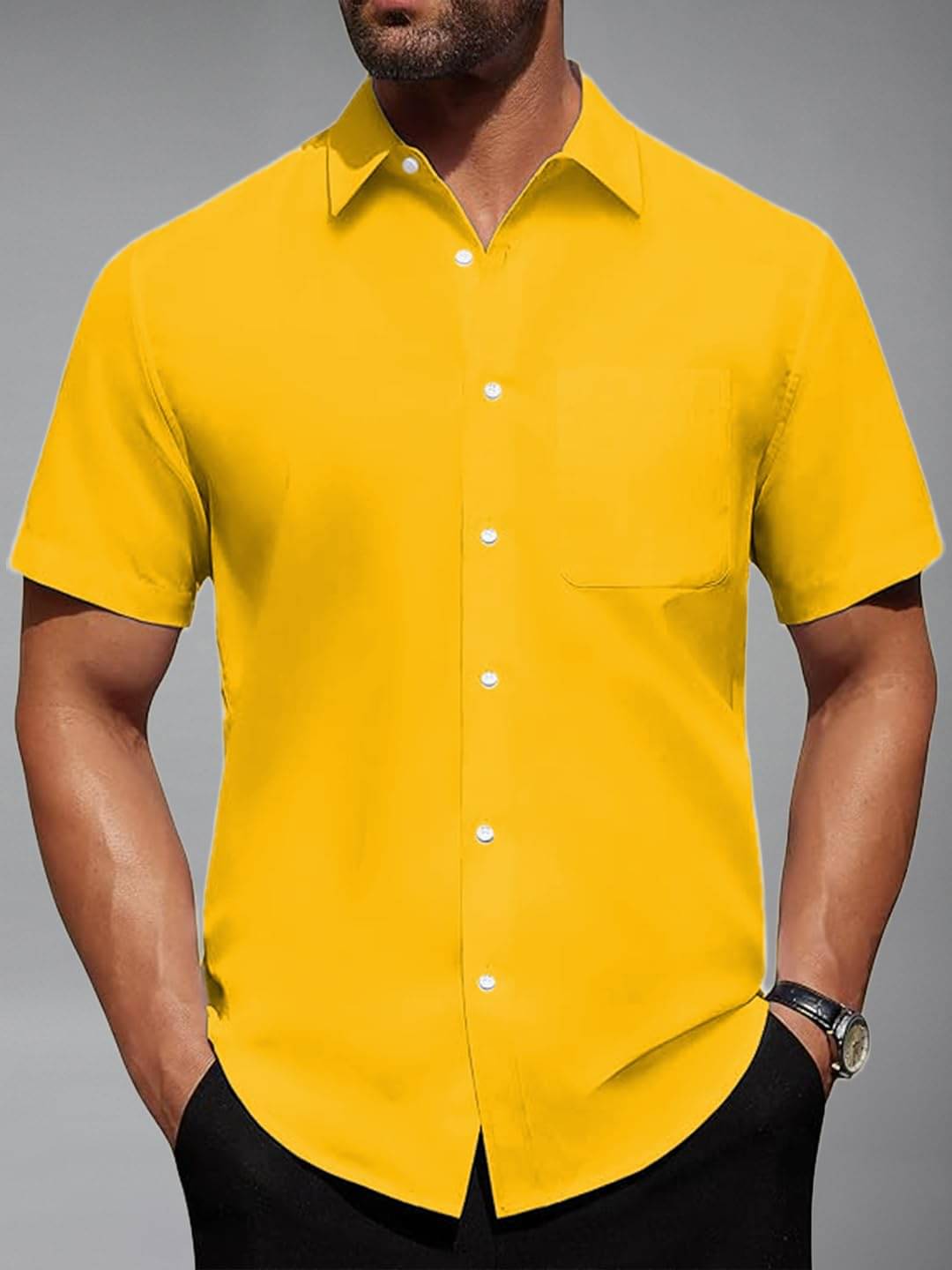 UNI VIBE Cotton Blend Slim Fit Solids Half Sleeves Men's Casual Shirt - Yellow ( Pack of 1 ) UNI VIBE Cotton Blend Slim Fit Solids Half Sleeves Men's Casual Shirt - Yellow ( Pack of 1 )