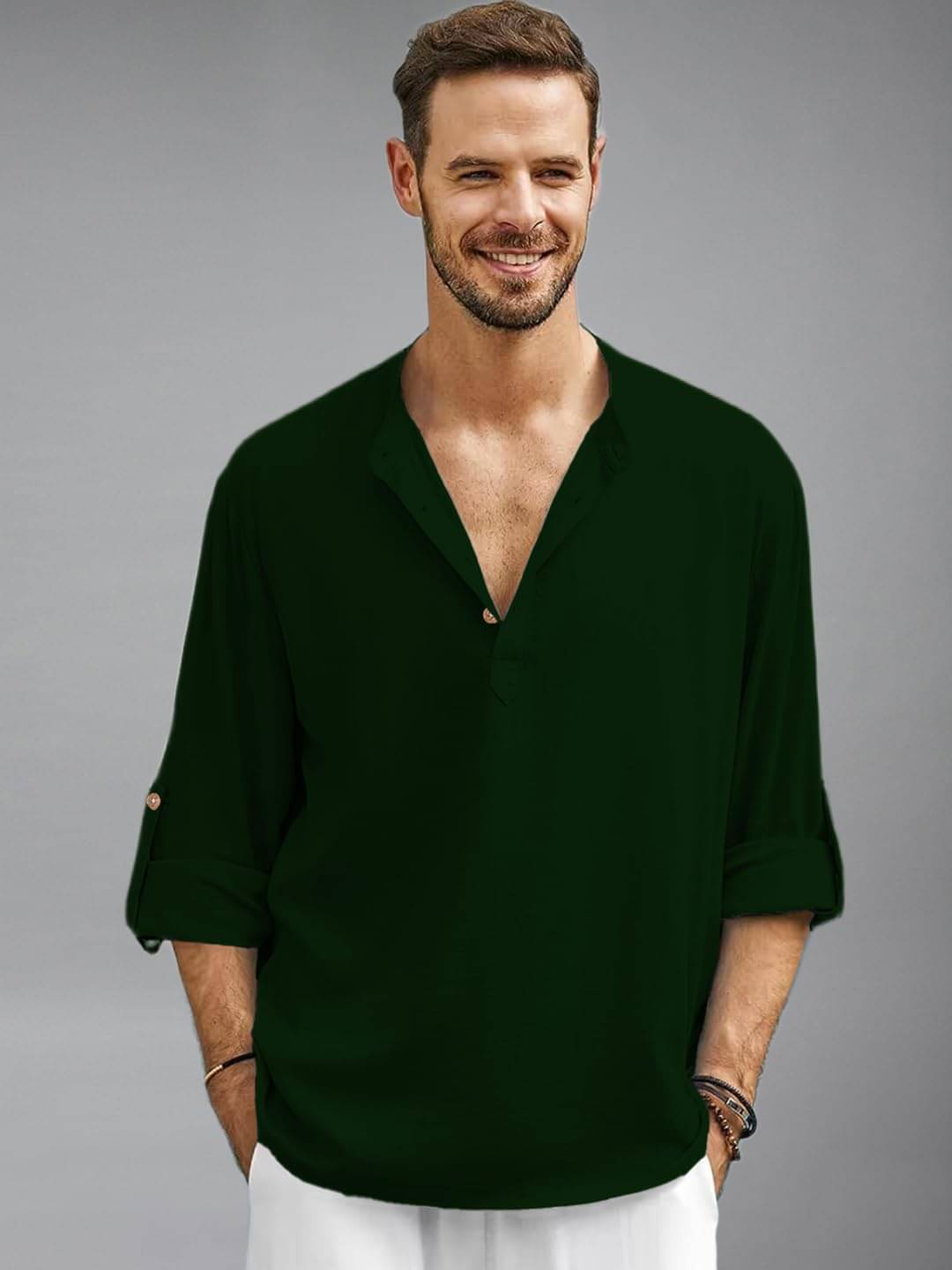     			UNI VIBE Green Cotton Blend Men's Shirt Style Kurta ( Pack of 1 )