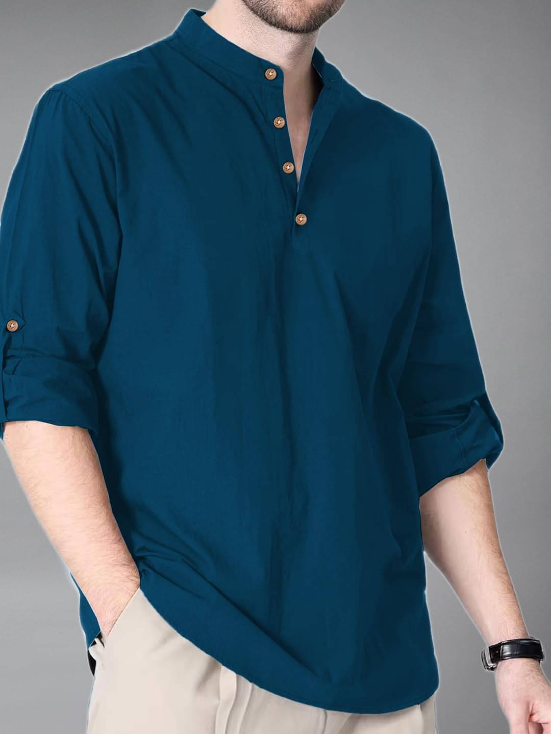     			UNI VIBE Indigo Cotton Blend Men's Shirt Style Kurta ( Pack of 1 )