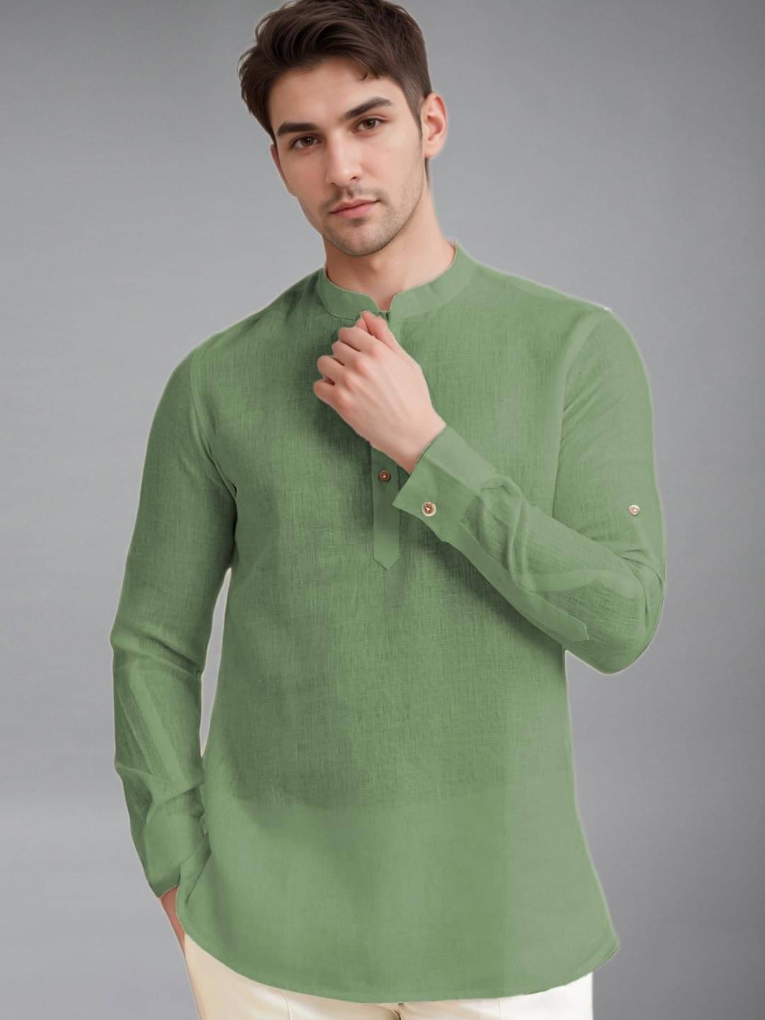     			UNI VIBE Light Green Cotton Blend Men's Shirt Style Kurta ( Pack of 1 )
