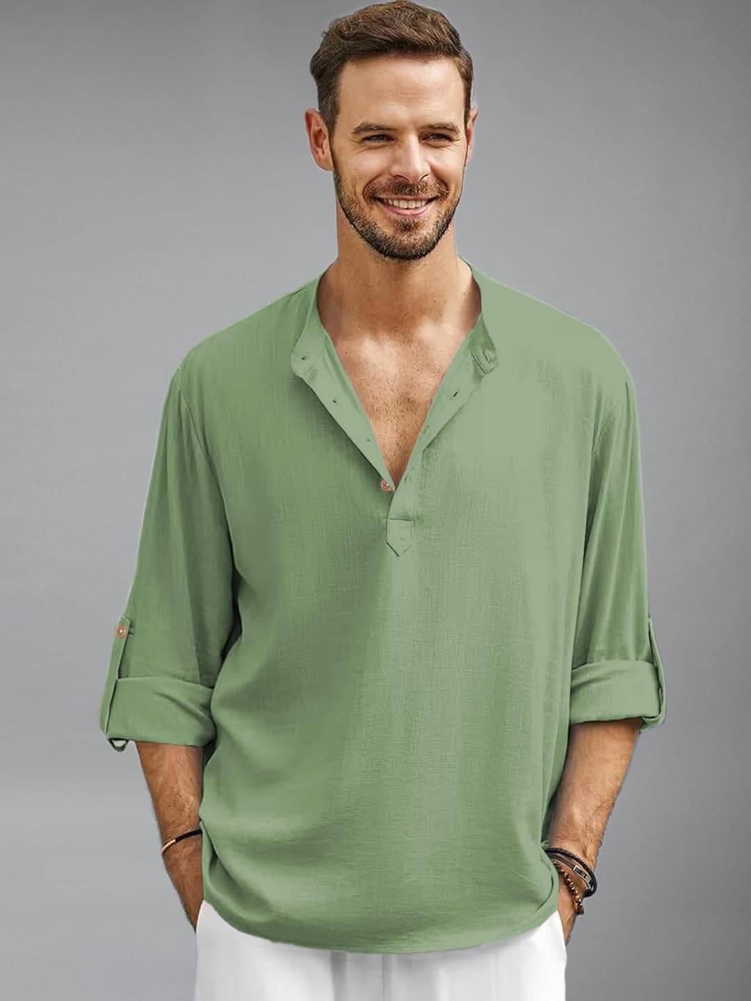 UNI VIBE Light Green Cotton Blend Men's Shirt Style Kurta ( Pack of 1 ) UNI VIBE Light Green Cotton Blend Men's Shirt Style Kurta ( Pack of 1 )