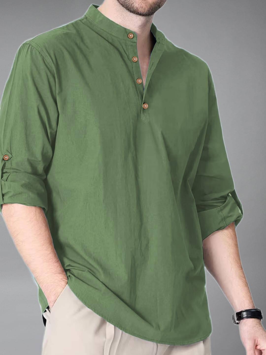     			UNI VIBE Light Green Cotton Blend Men's Shirt Style Kurta ( Pack of 1 )