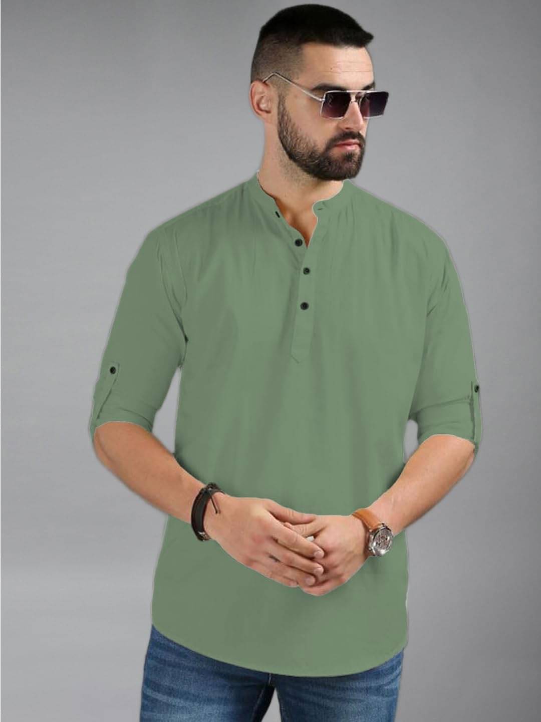     			UNI VIBE Light Green Cotton Blend Men's Shirt Style Kurta ( Pack of 1 )