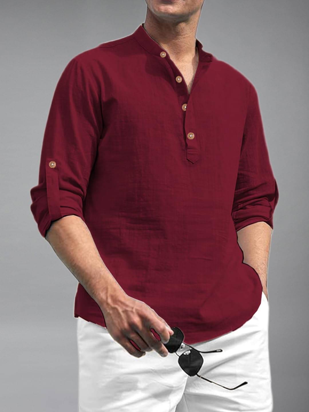     			UNI VIBE Maroon Cotton Blend Men's Shirt Style Kurta ( Pack of 1 )