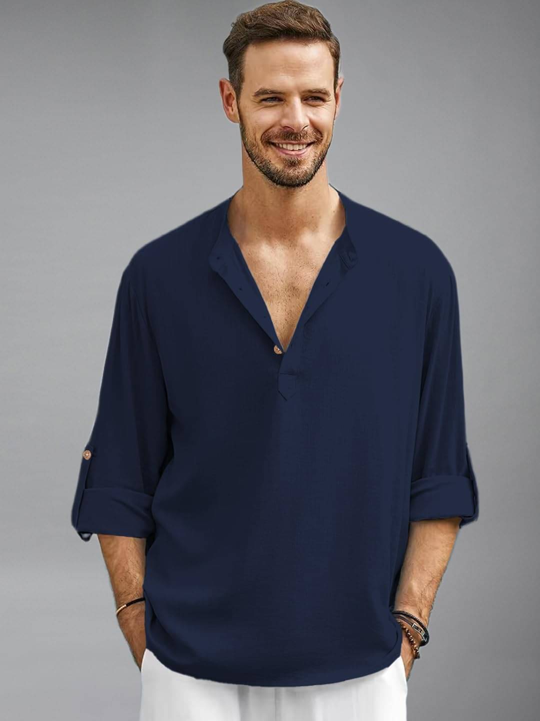     			UNI VIBE Navy Blue Cotton Blend Men's Shirt Style Kurta ( Pack of 1 )