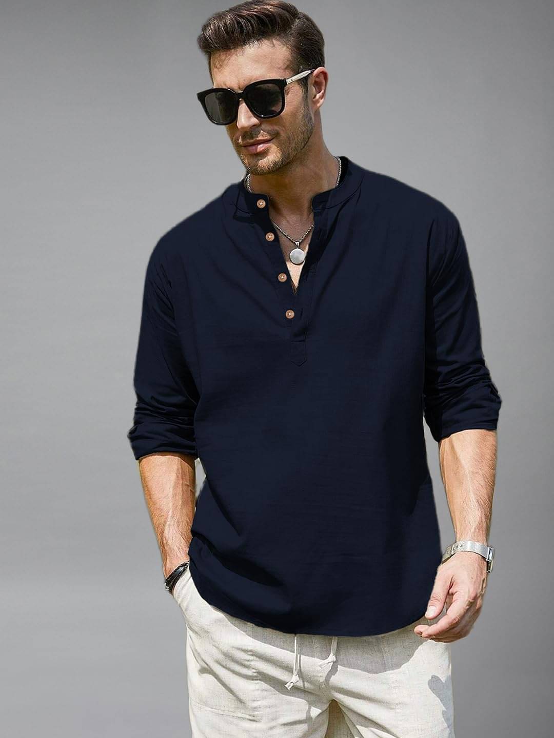     			UNI VIBE Navy Blue Cotton Blend Men's Shirt Style Kurta ( Pack of 1 )