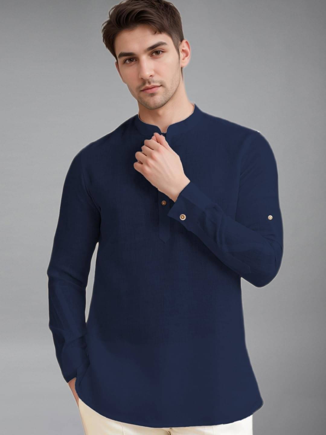    			UNI VIBE Navy Blue Cotton Blend Men's Shirt Style Kurta ( Pack of 1 )