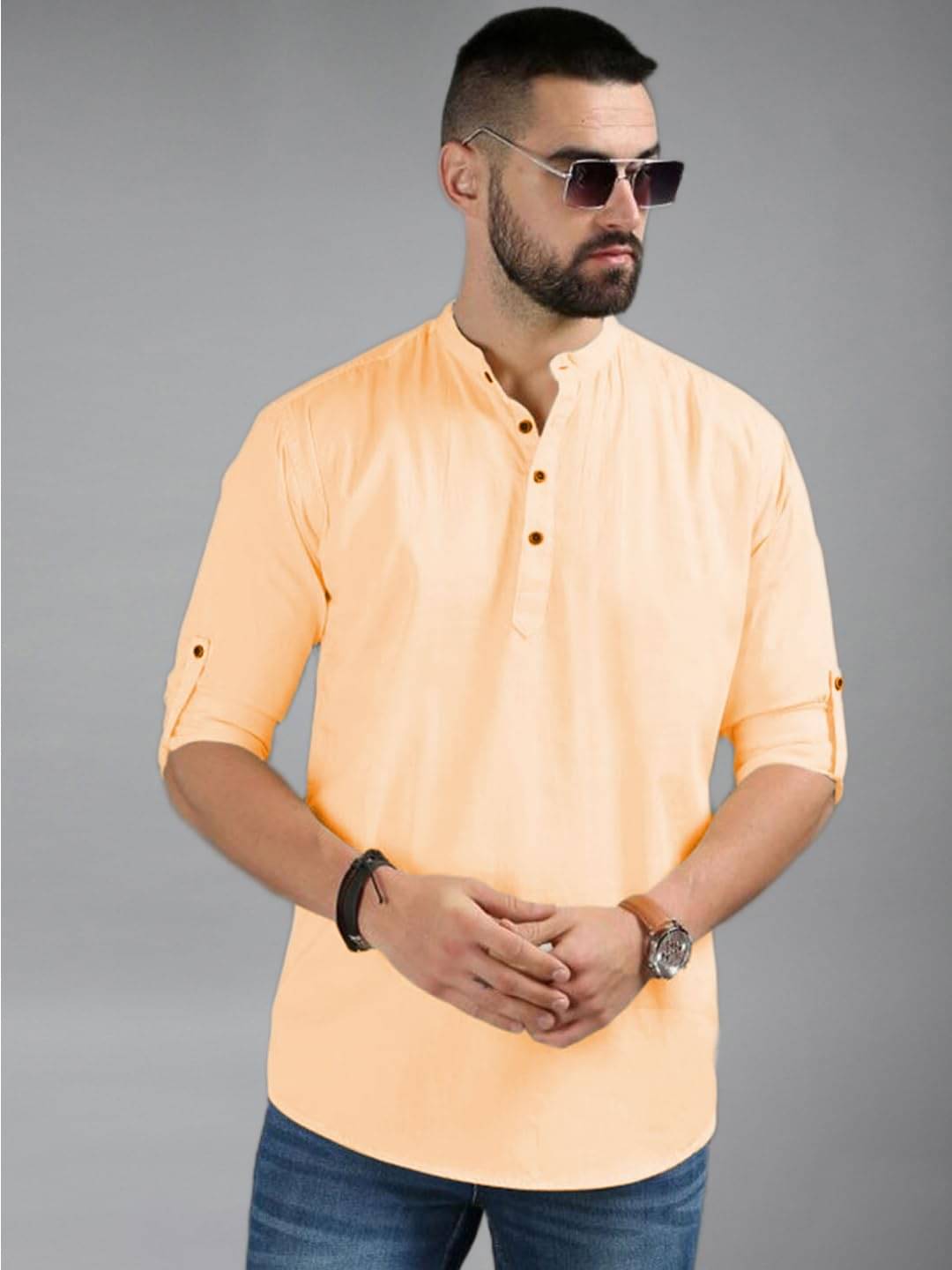     			UNI VIBE Orange Cotton Blend Men's Shirt Style Kurta ( Pack of 1 )