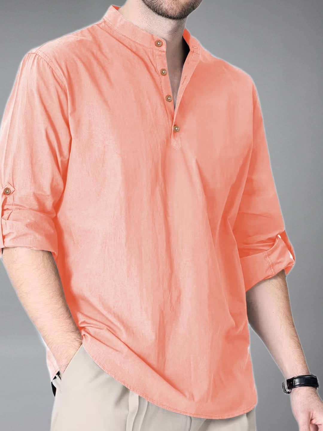 UNI VIBE Peach Cotton Blend Men's Shirt Style Kurta ( Pack of 1 ) UNI VIBE Peach Cotton Blend Men's Shirt Style Kurta ( Pack of 1 )