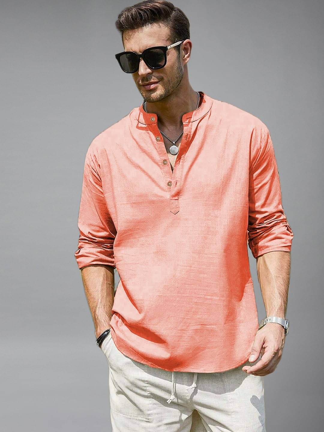     			UNI VIBE Peach Cotton Blend Men's Shirt Style Kurta ( Pack of 1 )
