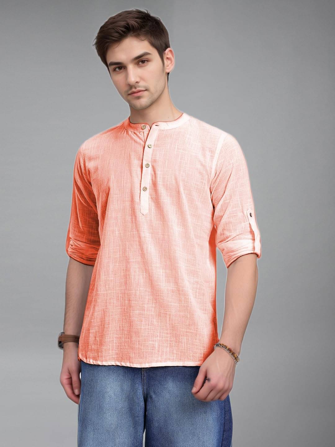     			UNI VIBE Peach Cotton Blend Men's Shirt Style Kurta ( Pack of 1 )