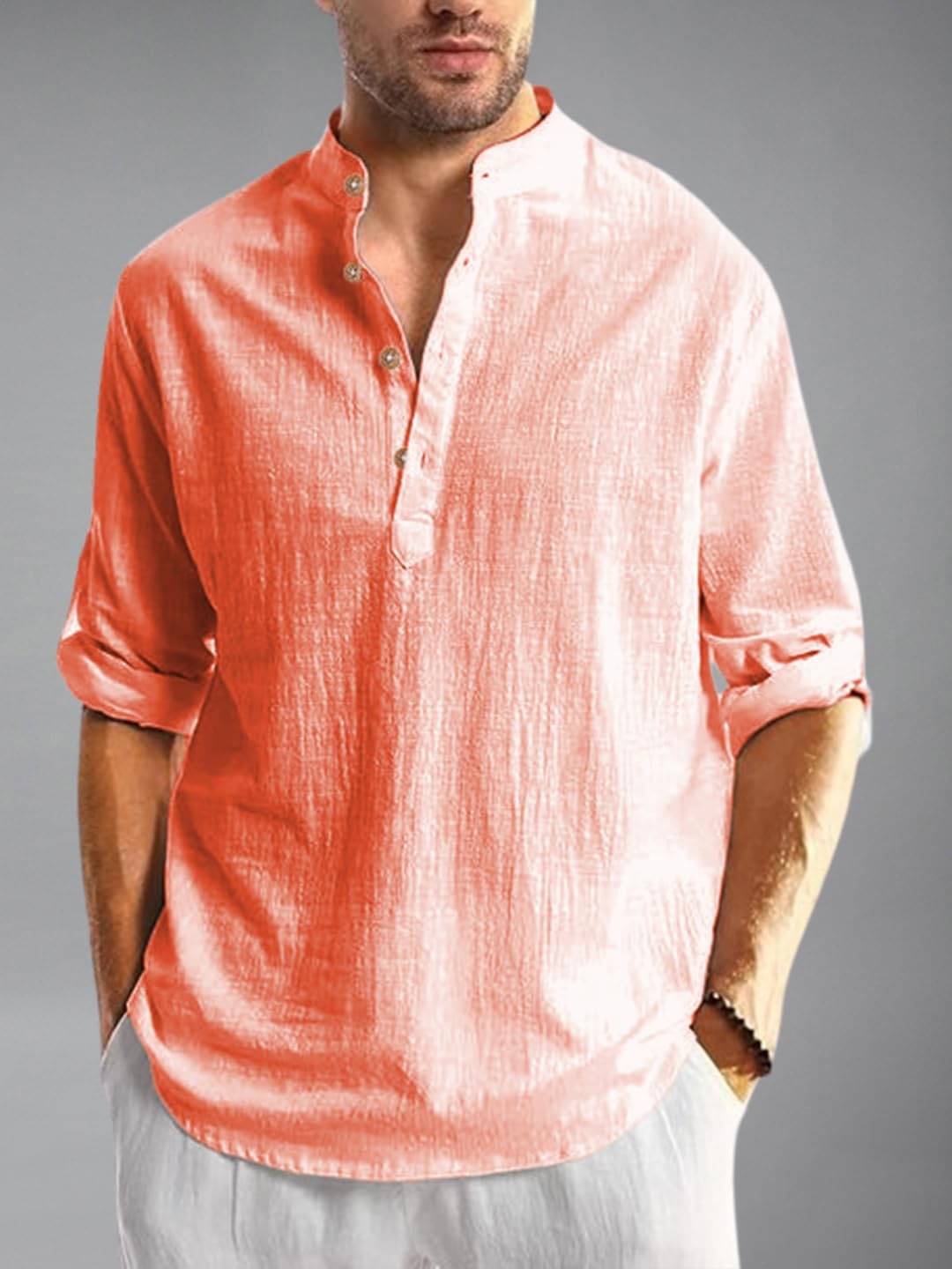     			UNI VIBE Peach Cotton Blend Men's Shirt Style Kurta ( Pack of 1 )