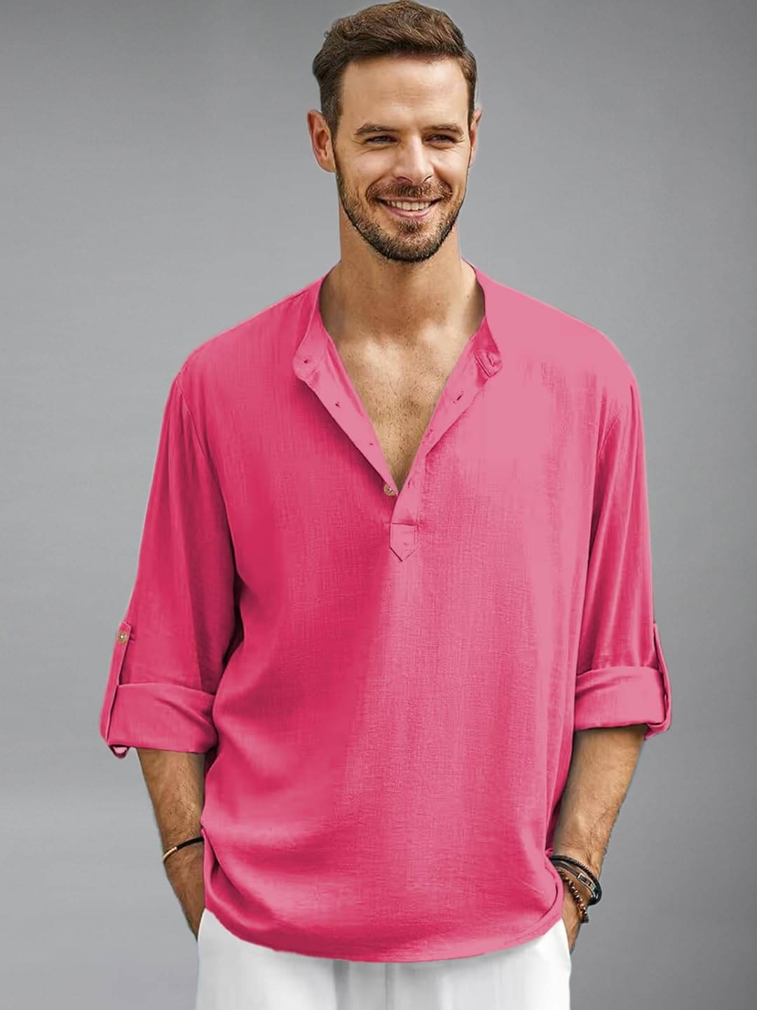     			UNI VIBE Pink Cotton Blend Men's Shirt Style Kurta ( Pack of 1 )