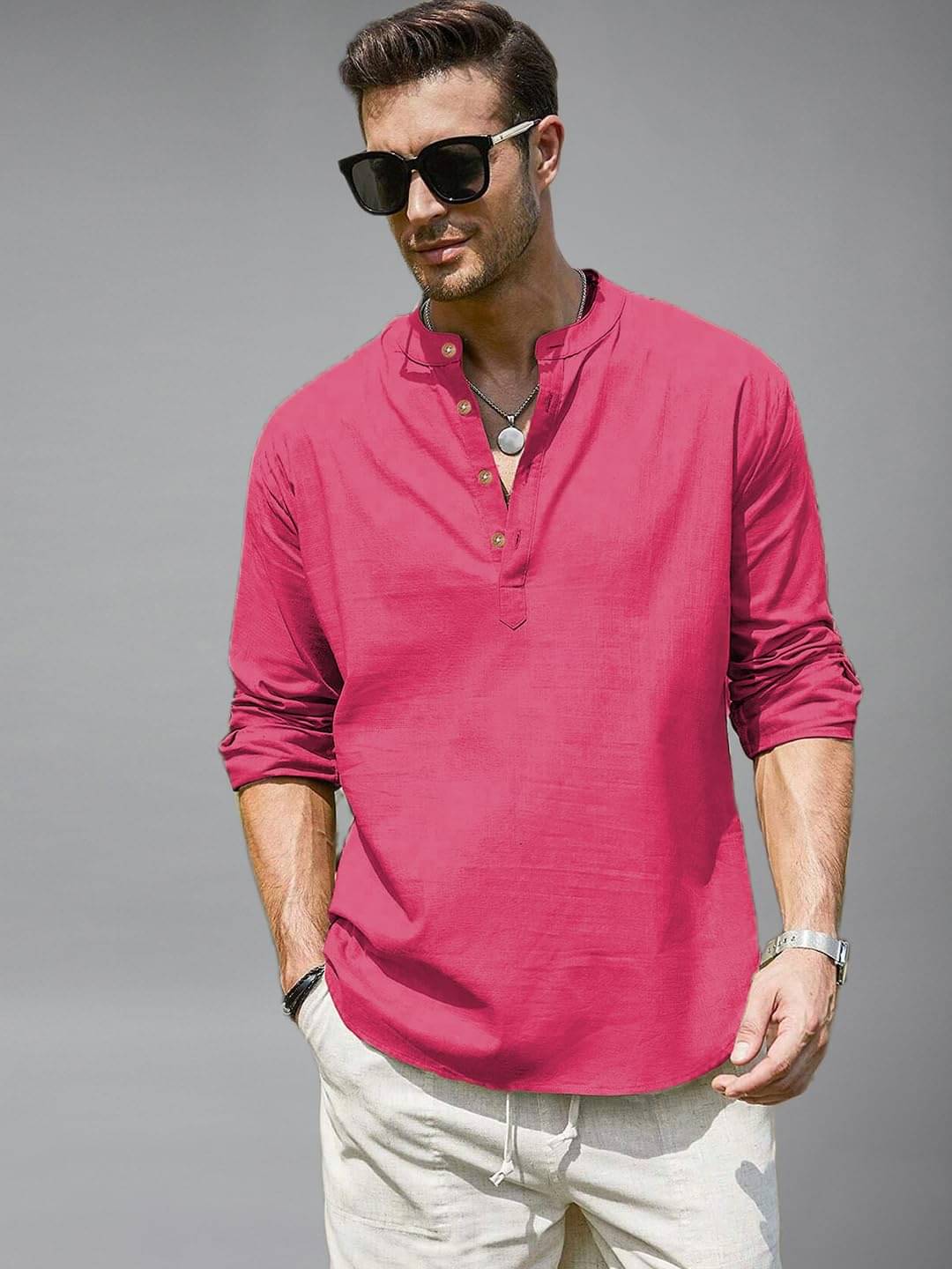 UNI VIBE Pink Cotton Blend Men's Shirt Style Kurta ( Pack of 1 )     			UNI VIBE Pink Cotton Blend Men's Shirt Style Kurta ( Pack of 1 )