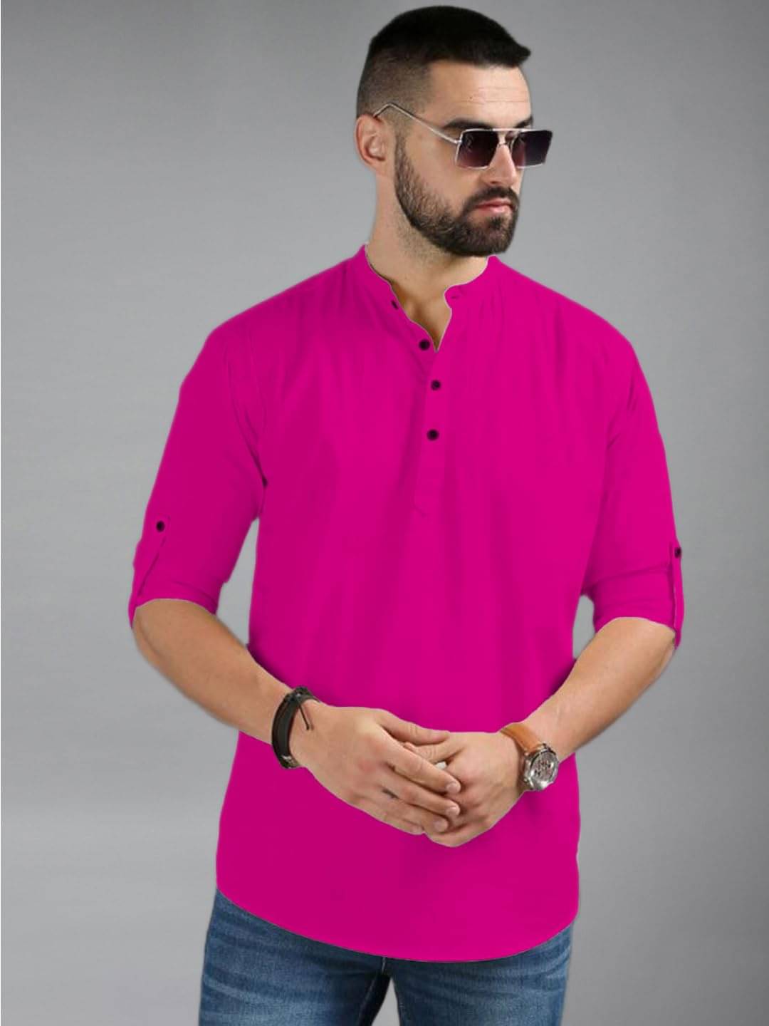     			UNI VIBE Pink Cotton Blend Men's Shirt Style Kurta ( Pack of 1 )