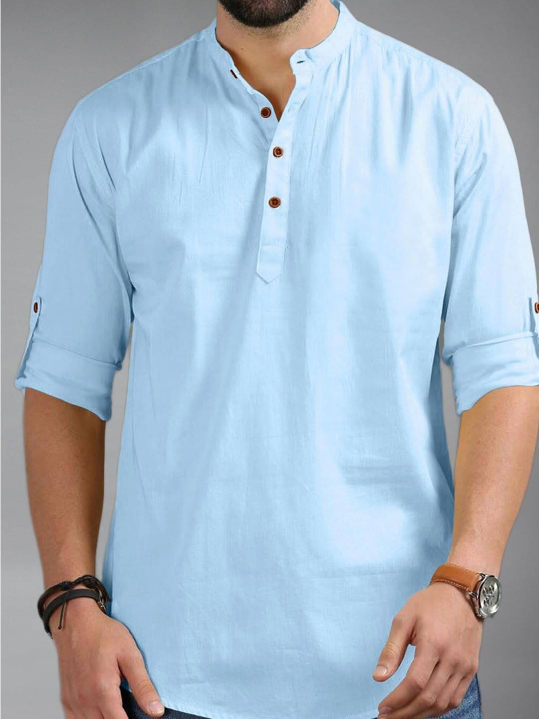     			UNI VIBE Sky Blue Cotton Blend Men's Shirt Style Kurta ( Pack of 1 )
