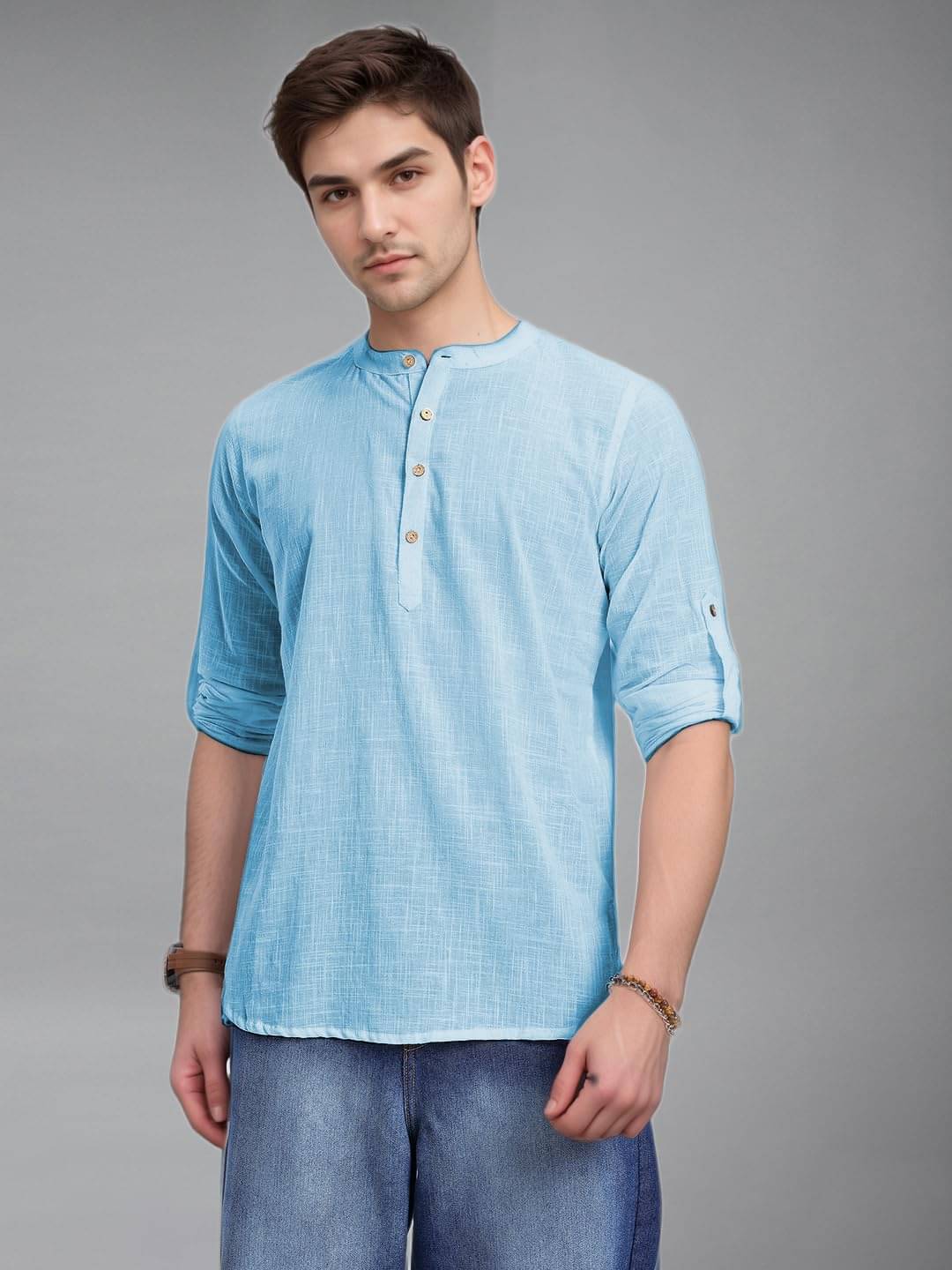 UNI VIBE Sky Blue Cotton Blend Men's Shirt Style Kurta ( Pack of 1 )     			UNI VIBE Sky Blue Cotton Blend Men's Shirt Style Kurta ( Pack of 1 )