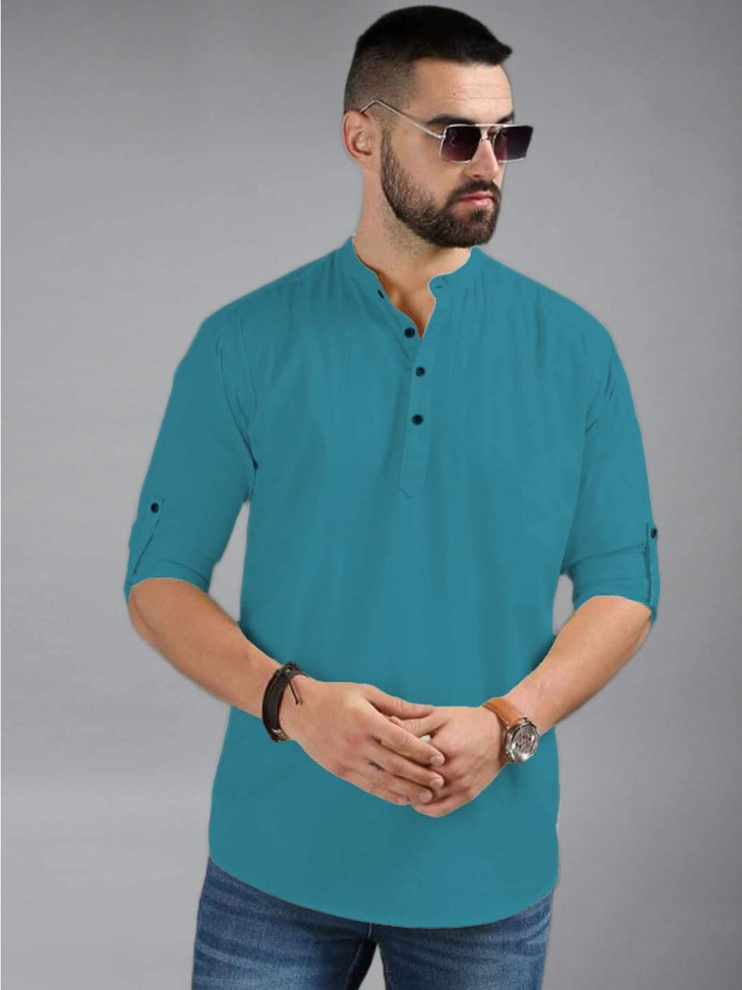 UNI VIBE Turquoise Cotton Blend Men's Shirt Style Kurta ( Pack of 1 ) UNI VIBE Turquoise Cotton Blend Men's Shirt Style Kurta ( Pack of 1 )