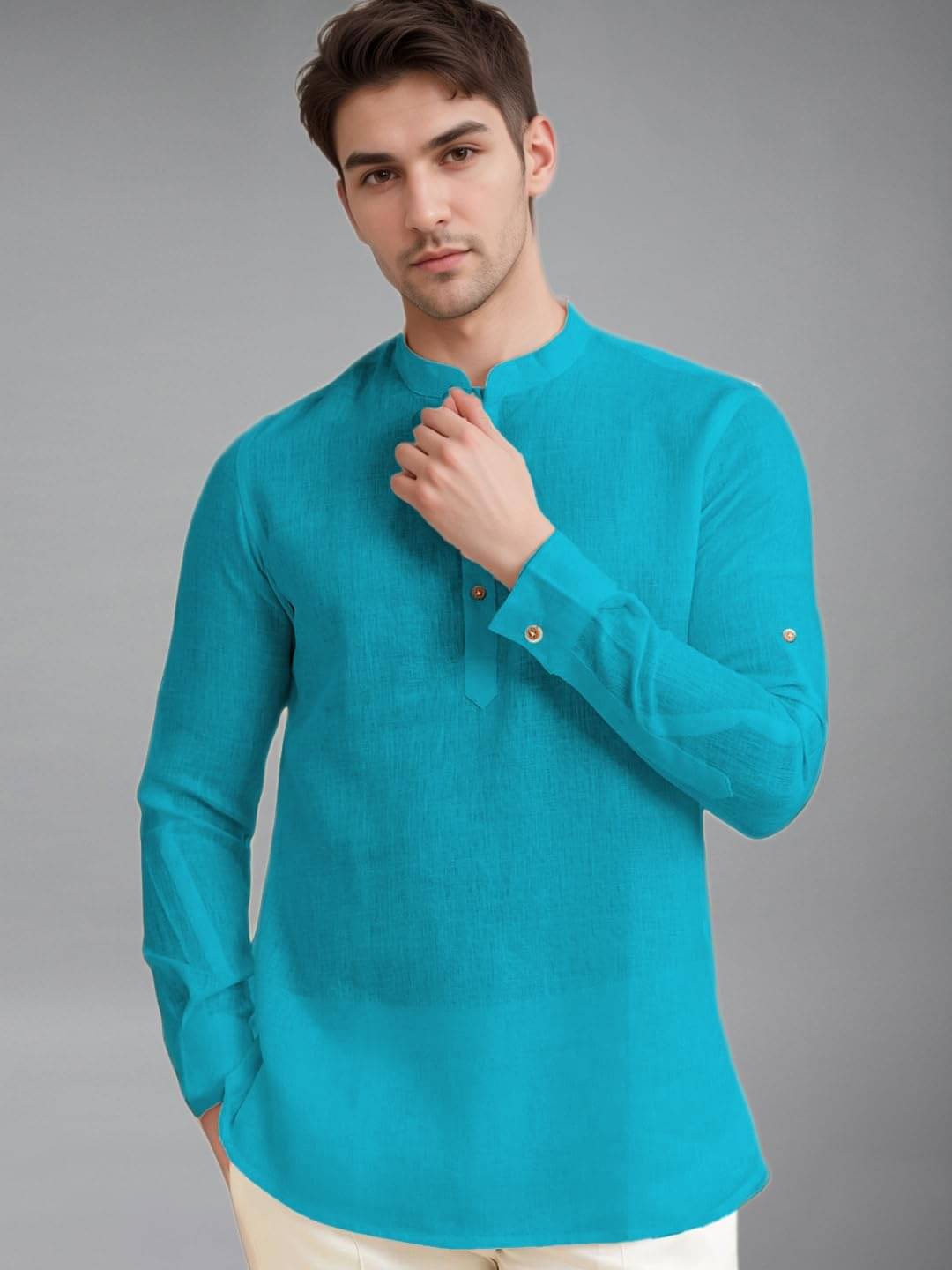 UNI VIBE Turquoise Cotton Blend Men's Shirt Style Kurta ( Pack of 1 ) UNI VIBE Turquoise Cotton Blend Men's Shirt Style Kurta ( Pack of 1 )