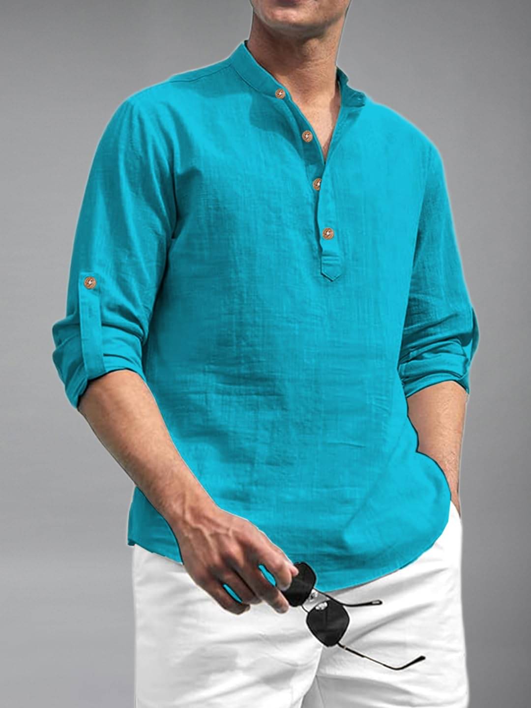     			UNI VIBE Turquoise Cotton Blend Men's Shirt Style Kurta ( Pack of 1 )