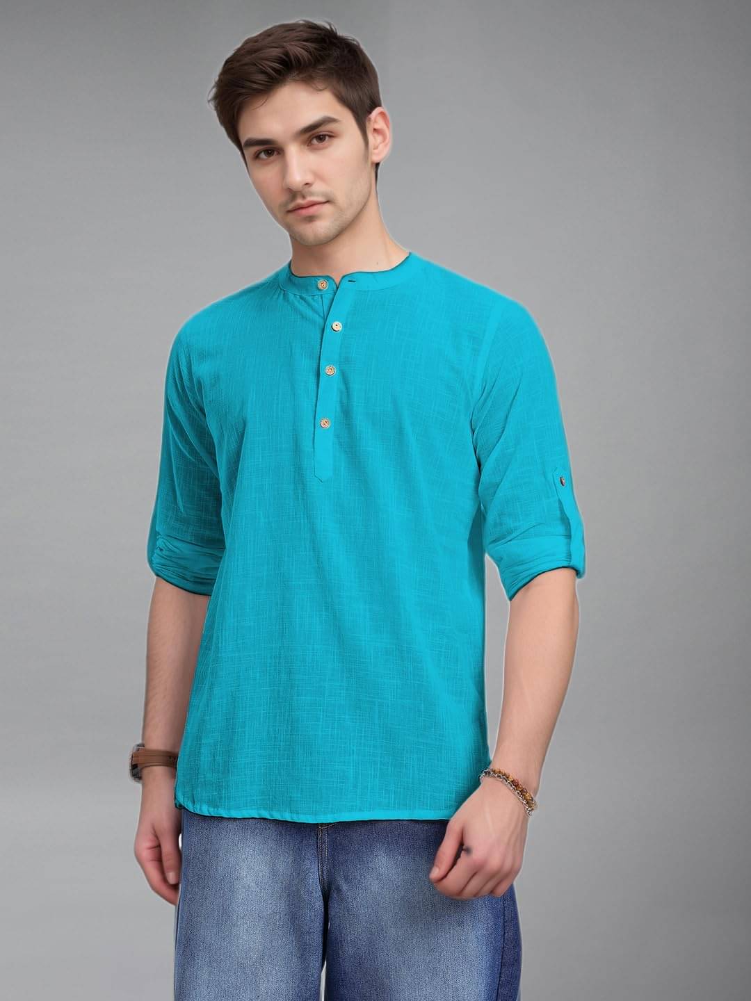     			UNI VIBE Turquoise Cotton Blend Men's Shirt Style Kurta ( Pack of 1 )