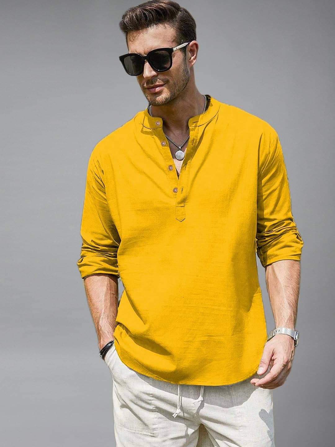     			UNI VIBE Yellow Cotton Blend Men's Shirt Style Kurta ( Pack of 1 )