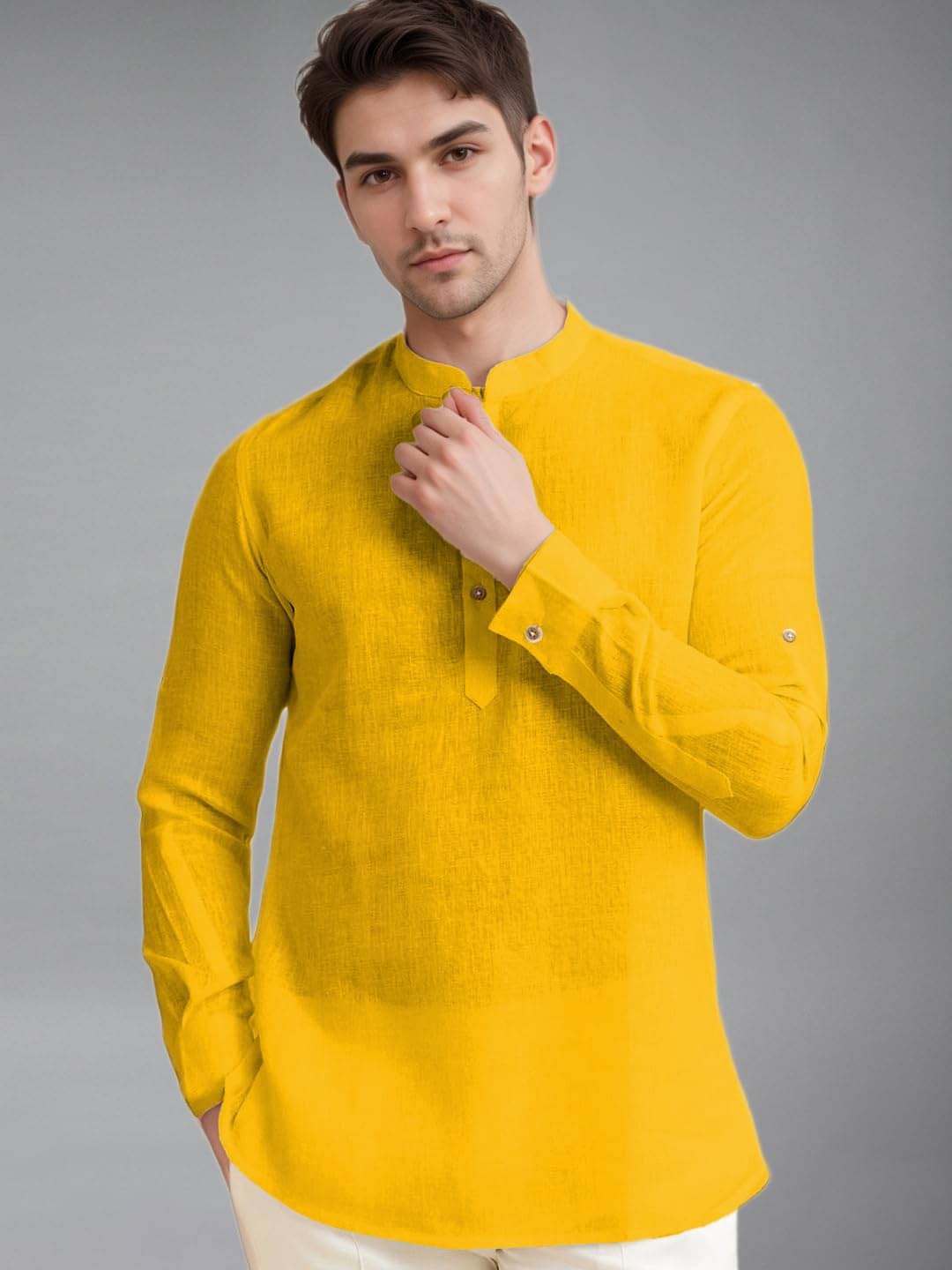 UNI VIBE Yellow Cotton Blend Men's Shirt Style Kurta ( Pack of 1 ) UNI VIBE Yellow Cotton Blend Men's Shirt Style Kurta ( Pack of 1 )