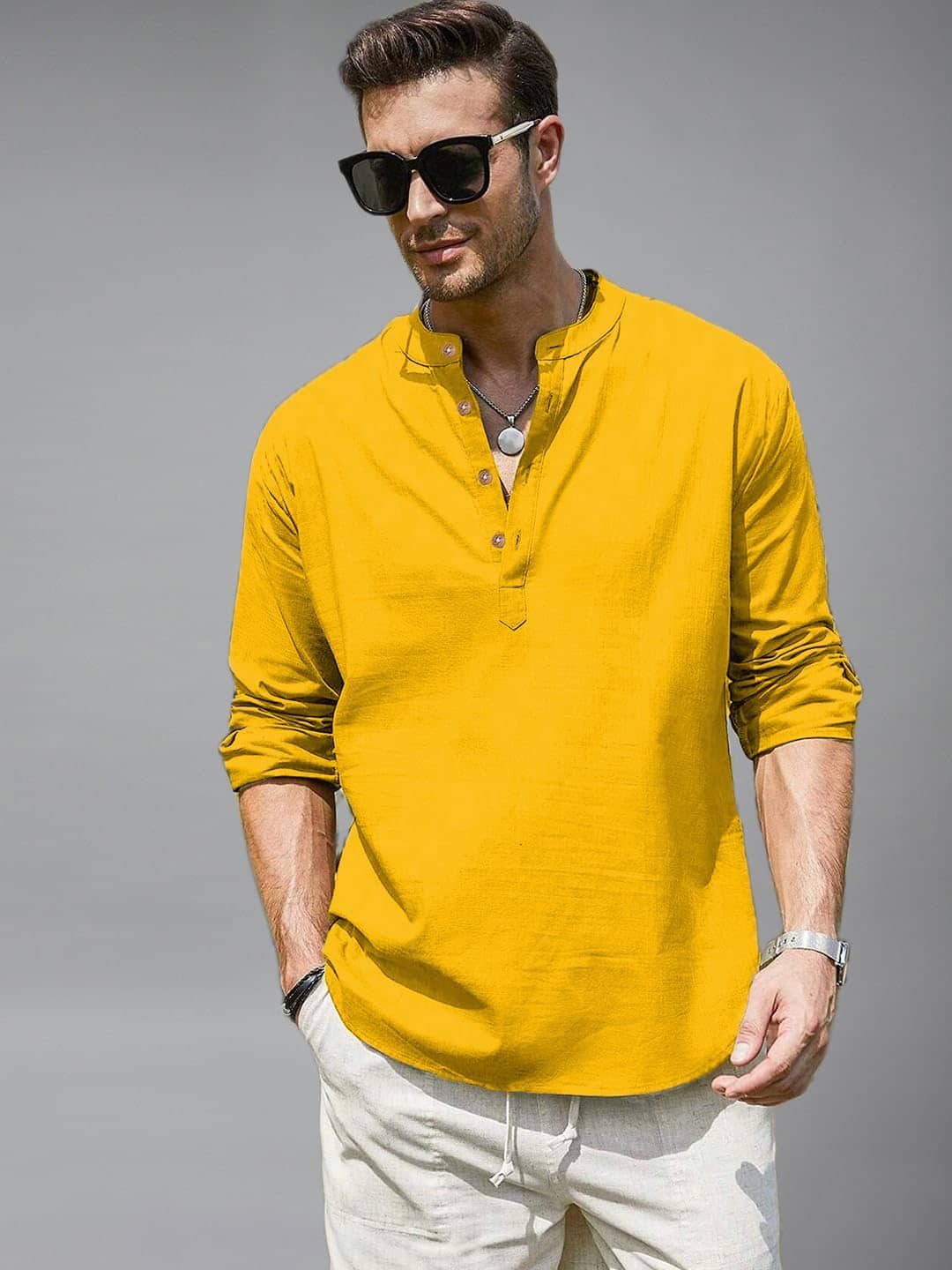 UNI VIBE Cotton Blend Plain Shirt Style Kurta For Men ( Yellow ) - Kurtas & Kurta Sets | Buy online on ZillyBuy