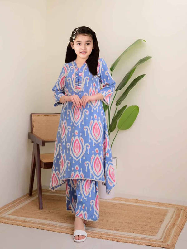    			Vetrokart Girls Cotton Blend Kurti with Pants ( Pack of 1 , Sky Blue )