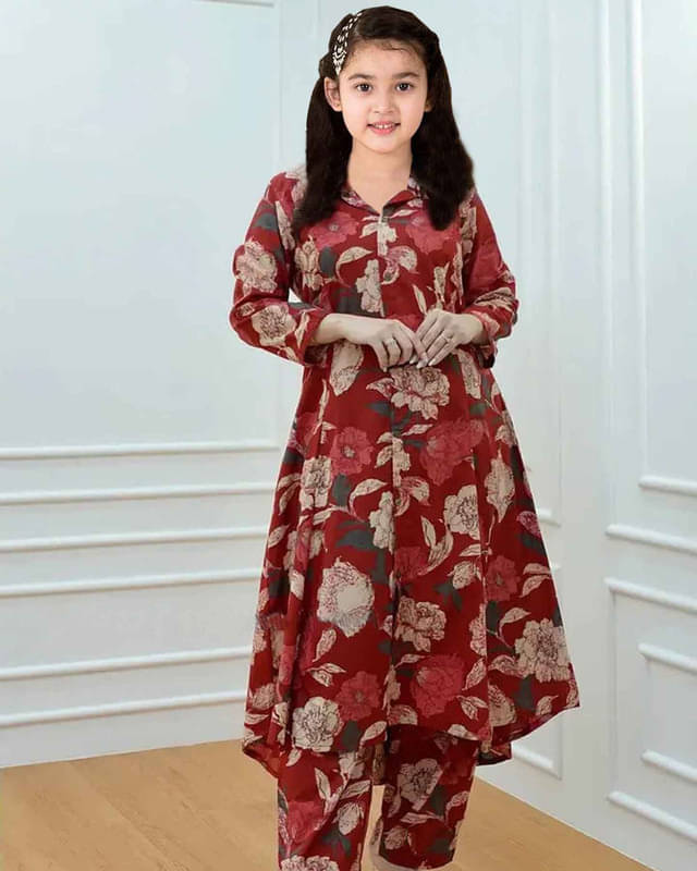     			Vetrokart Girls Cotton Blend Kurti with Pants ( Pack of 1 , Maroon )