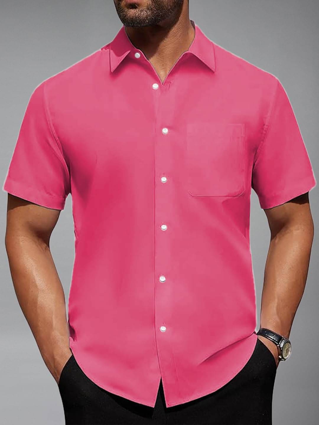 Vida Loca Cotton Blend Slim Fit Solids Half Sleeves Men's Casual Shirt - Pink ( Pack of 1 )     			Vida Loca Cotton Blend Slim Fit Solids Half Sleeves Men's Casual Shirt - Pink ( Pack of 1 )