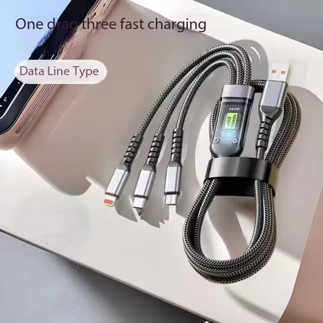     			100W Fast Charging 3.0 USB Cable 4 Ft / 1.2M To 3-In-1 Long Charging Cord With Type C + Micro Usb + Lightning Connector 480 Mbps Data Transfer For Laptop,Tablets,Smartphones & More, Black