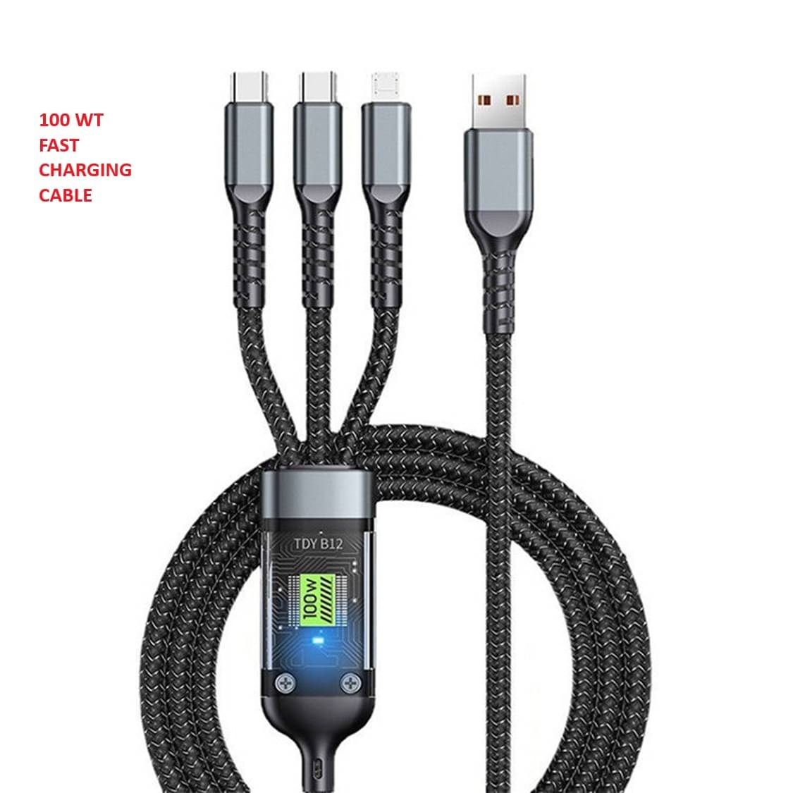     			100W Fast Charging 3.0 USB Cable 4 Ft / 1.2M To 3-In-1 Long Charging Cord With Type C + Micro Usb + Lightning Connector 480 Mbps Data Transfer For Laptop,Tablets,Smartphones & More, Black