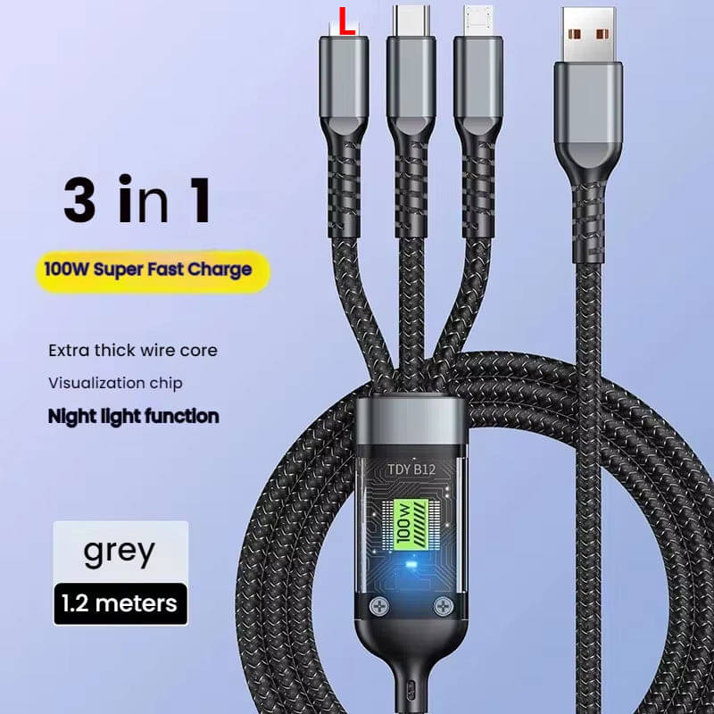     			100W Fast Charging 3.0 USB Cable 4 Ft / 1.2M To 3-In-1 Long Charging Cord With Type C + Micro Usb + Lightning Connector 480 Mbps Data Transfer For Laptop,Tablets,Smartphones & More, Black