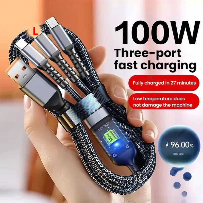     			100W Fast Charging 3.0 USB Cable 4 Ft / 1.2M To 3-In-1 Long Charging Cord With Type C + Micro Usb + Lightning Connector 480 Mbps Data Transfer For Laptop,Tablets,Smartphones & More, Black