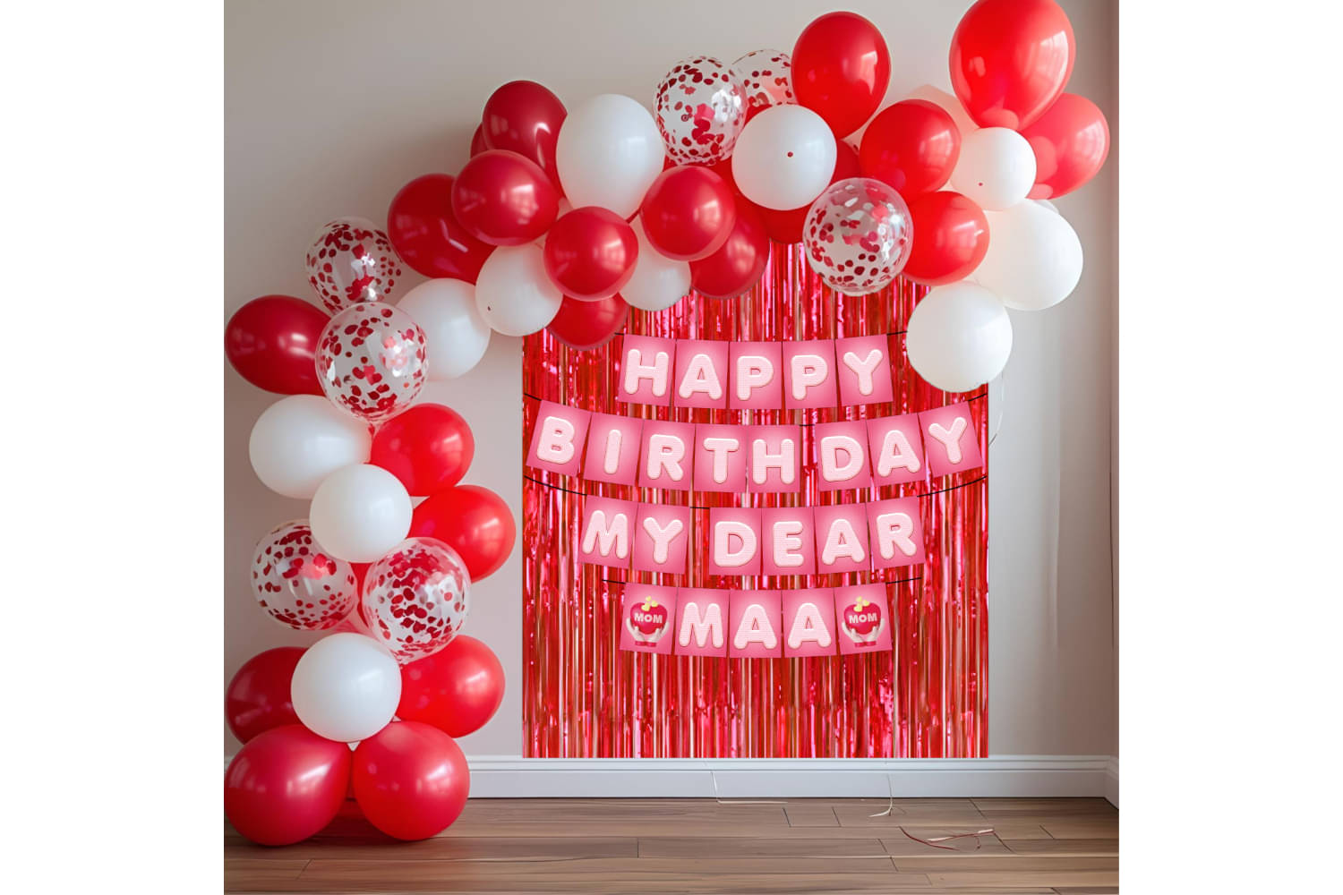     			1iAM Happy Birthday Decoration Items For Mother - Pack of 48 | 1pc Pink & White "HAPPY BIRTHDAY MY DEAR MAA" Paper Banner, Red Foil Curtain & Arch, 45pcs Balloons | Special Mom Birthday Decor Items