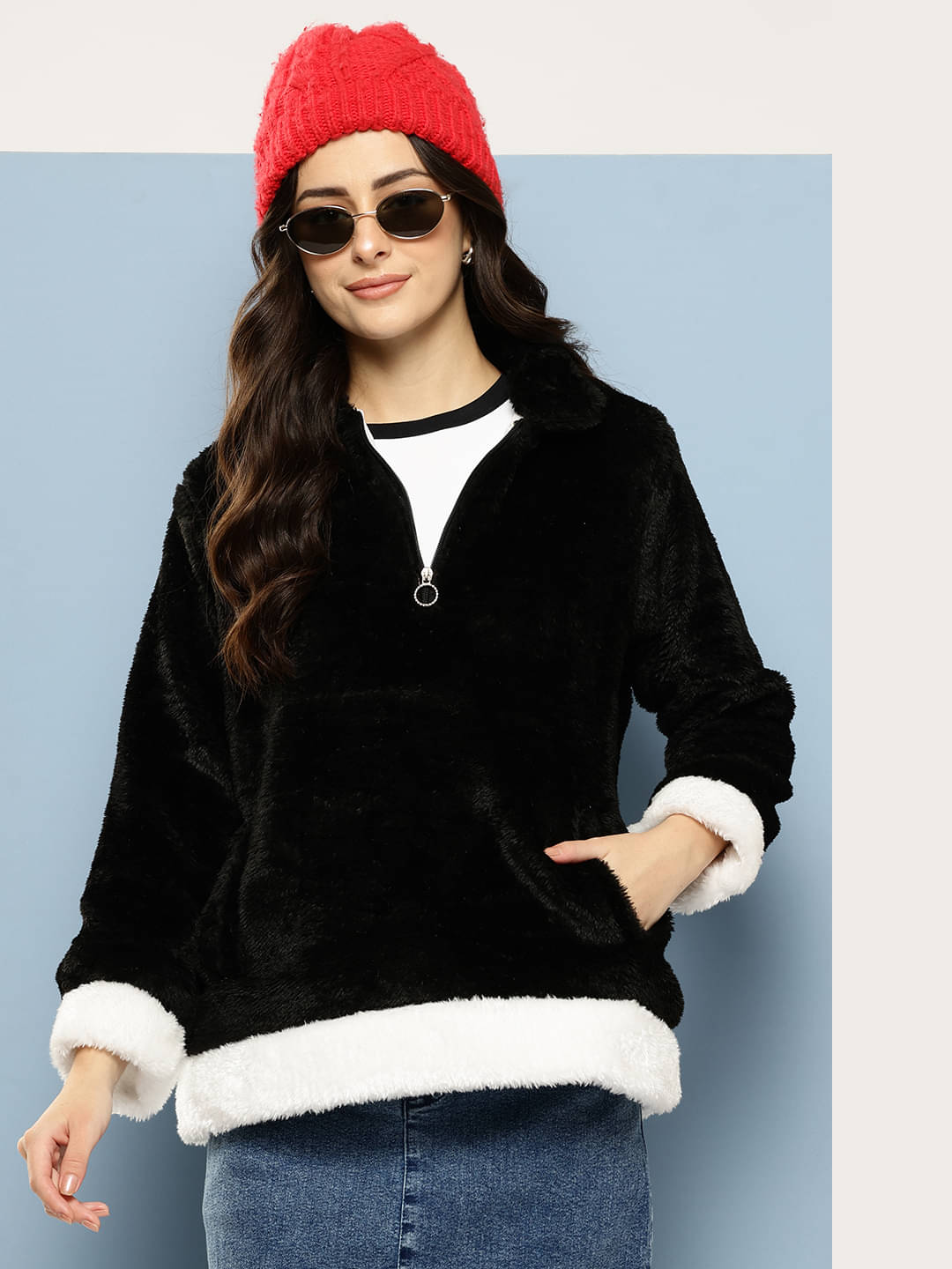 Aarika Women Faux Fur Hooded Sweatshirt ( Black ) Aarika Women Faux Fur Hooded Sweatshirt ( Black )