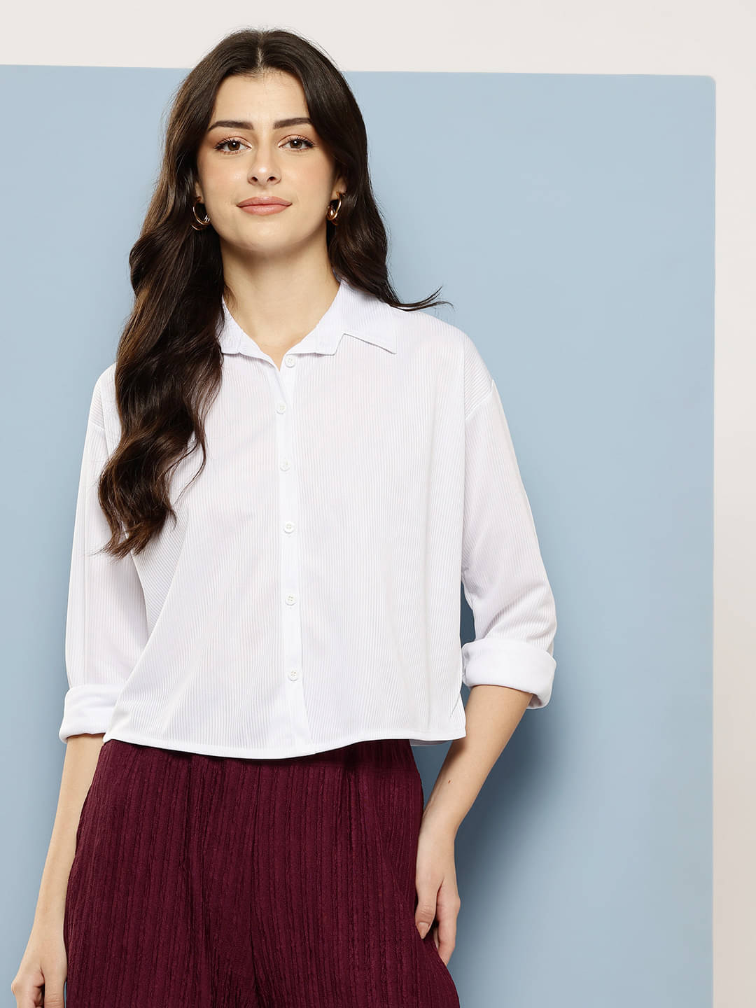 Aarika Women Solid Poly Crepe Shirt ( White ) Aarika Women Solid Poly Crepe Shirt ( White )