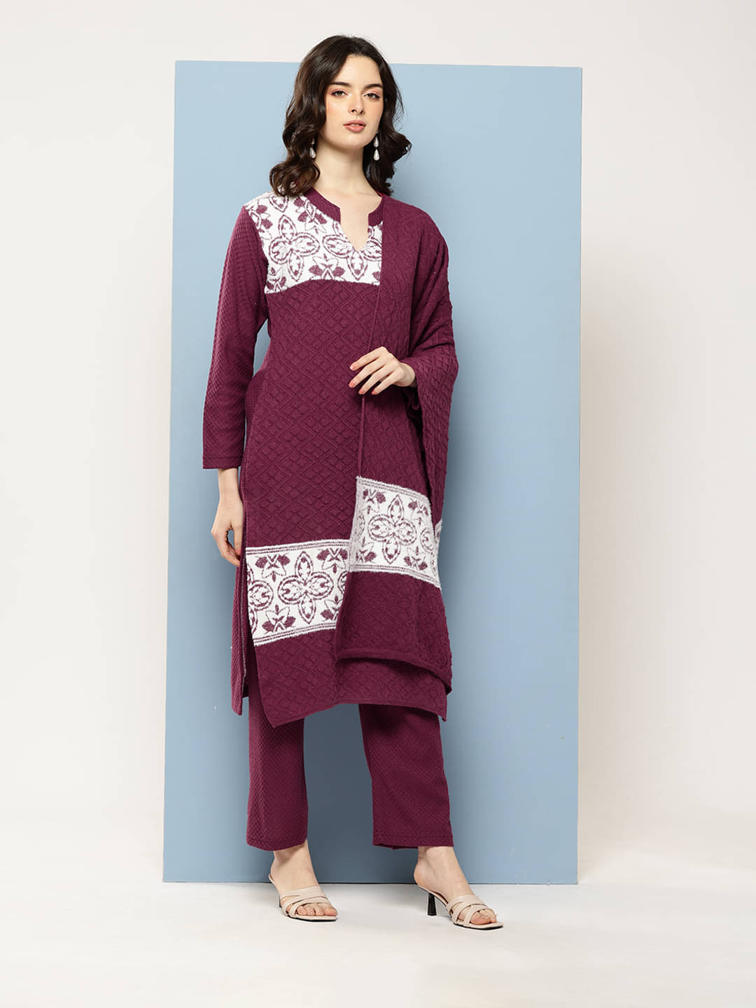 Aarika Women Woollen Printed Straight Kurti With Pants ( Wine ) Aarika Women Woollen Printed Straight Kurti With Pants ( Wine )