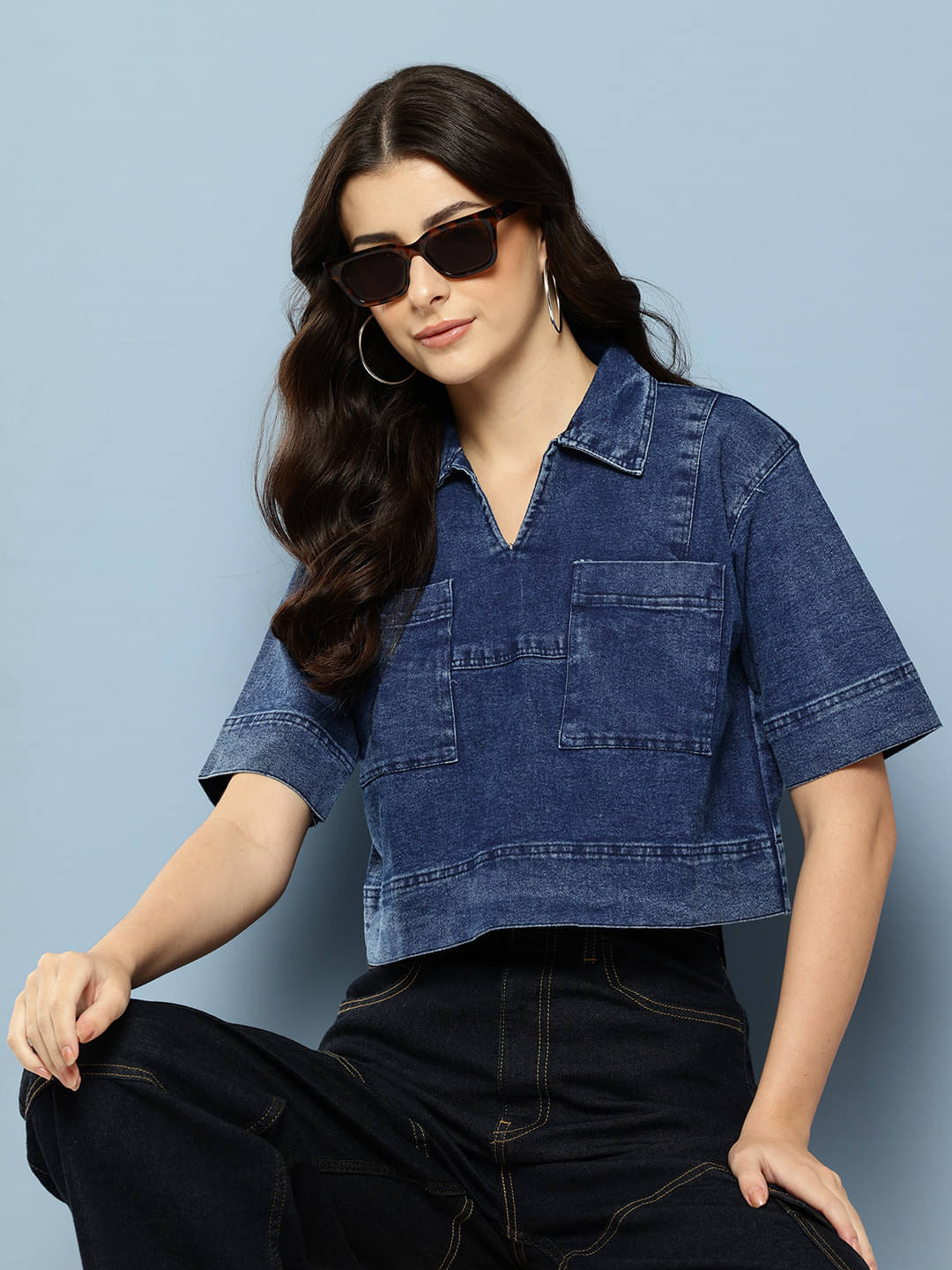 Aarika Women's Denim Regular Top ( Navy Blue ) Aarika Women's Denim Regular Top ( Navy Blue )