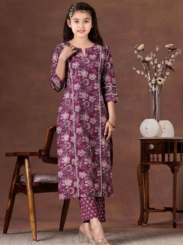     			Bholukart Girls Cotton Blend Kurti with Pants ( Pack of 1 , Wine )