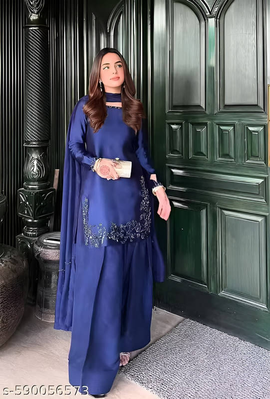     			Dulhan Saree Women Crepe Embroidered Straight Kurti With Alladin Salwar ( Blue )
