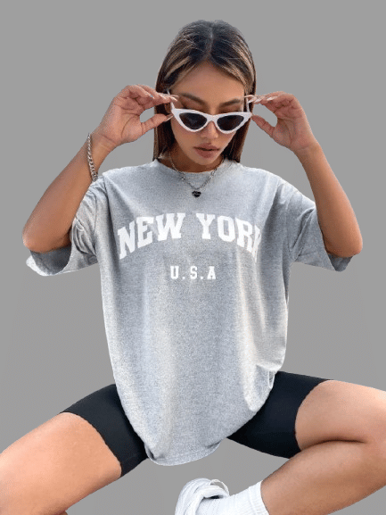     			ELBATROSS Women Cotton Blend Printed Oversized Fit Round Neck T-Shirt ( Grey )