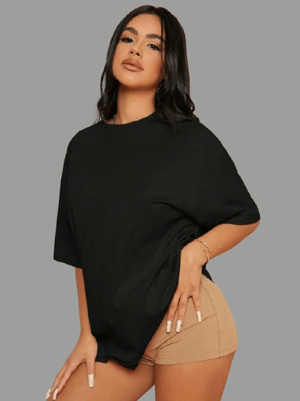 ELBATROSS Women Cotton Blend Solid Oversized Fit Round Neck T-Shirt ( Black ) ELBATROSS Women Cotton Blend Solid Oversized Fit Round Neck T-Shirt ( Black )