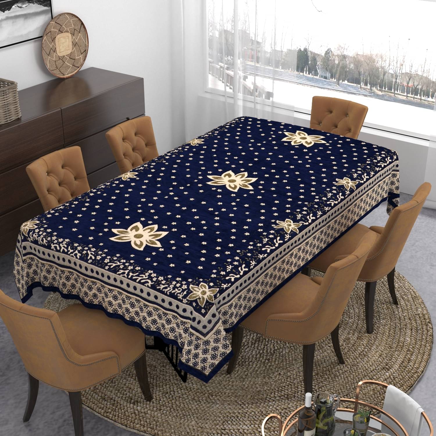 FURNISHING HUT Embroidered Chenille 6 Seater Rectangle Table Cover ( 228 x 137 ) cm Pack of 1 Blue FURNISHING HUT Embroidered Chenille 6 Seater Rectangle Table Cover ( 228 x 137 ) cm Pack of 1 Blue