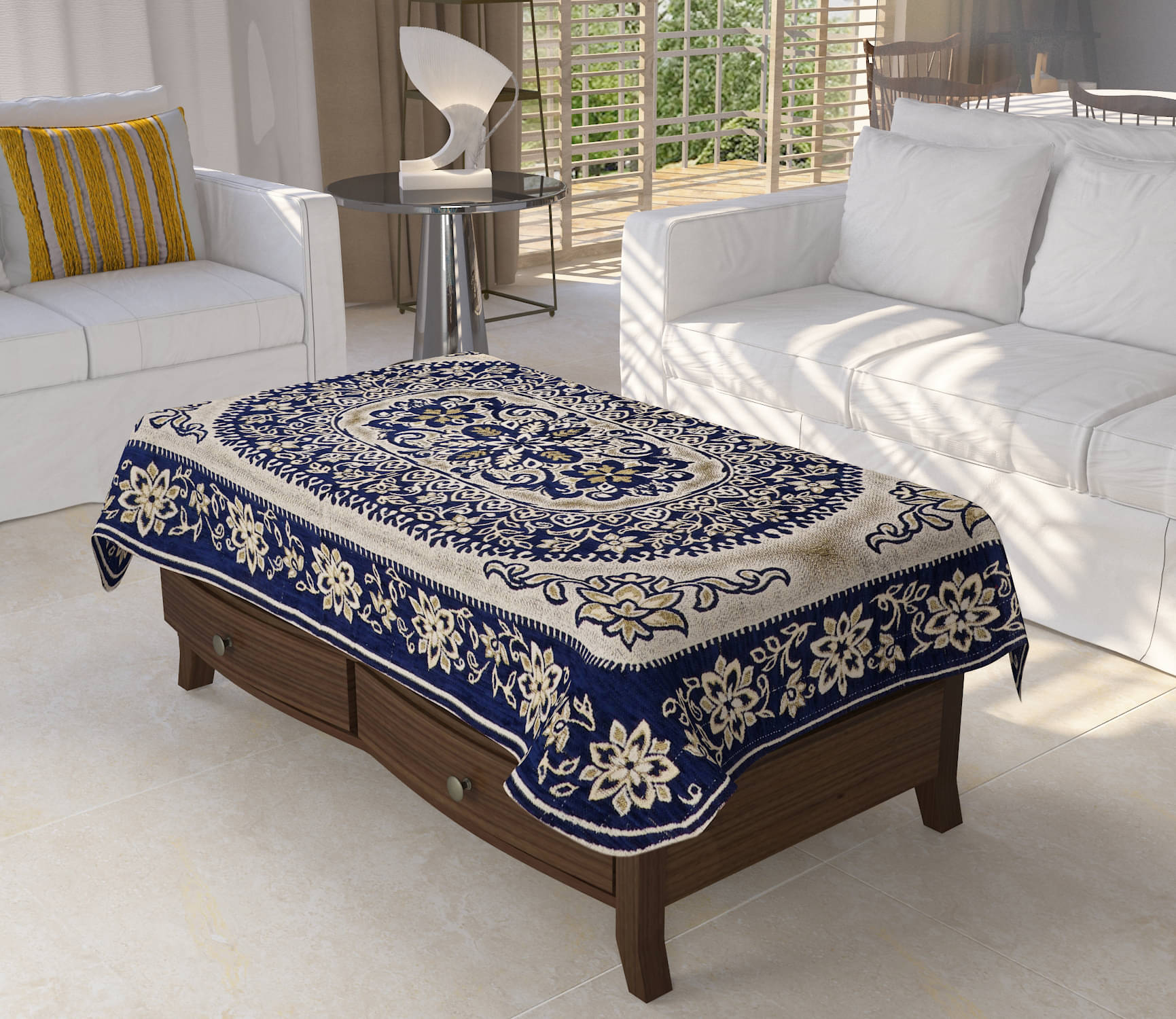     			FURNISHING HUT Printed Chenille 4 Seater Square Table Cover ( 137 x 91 ) cm Pack of 1 Navy Blue