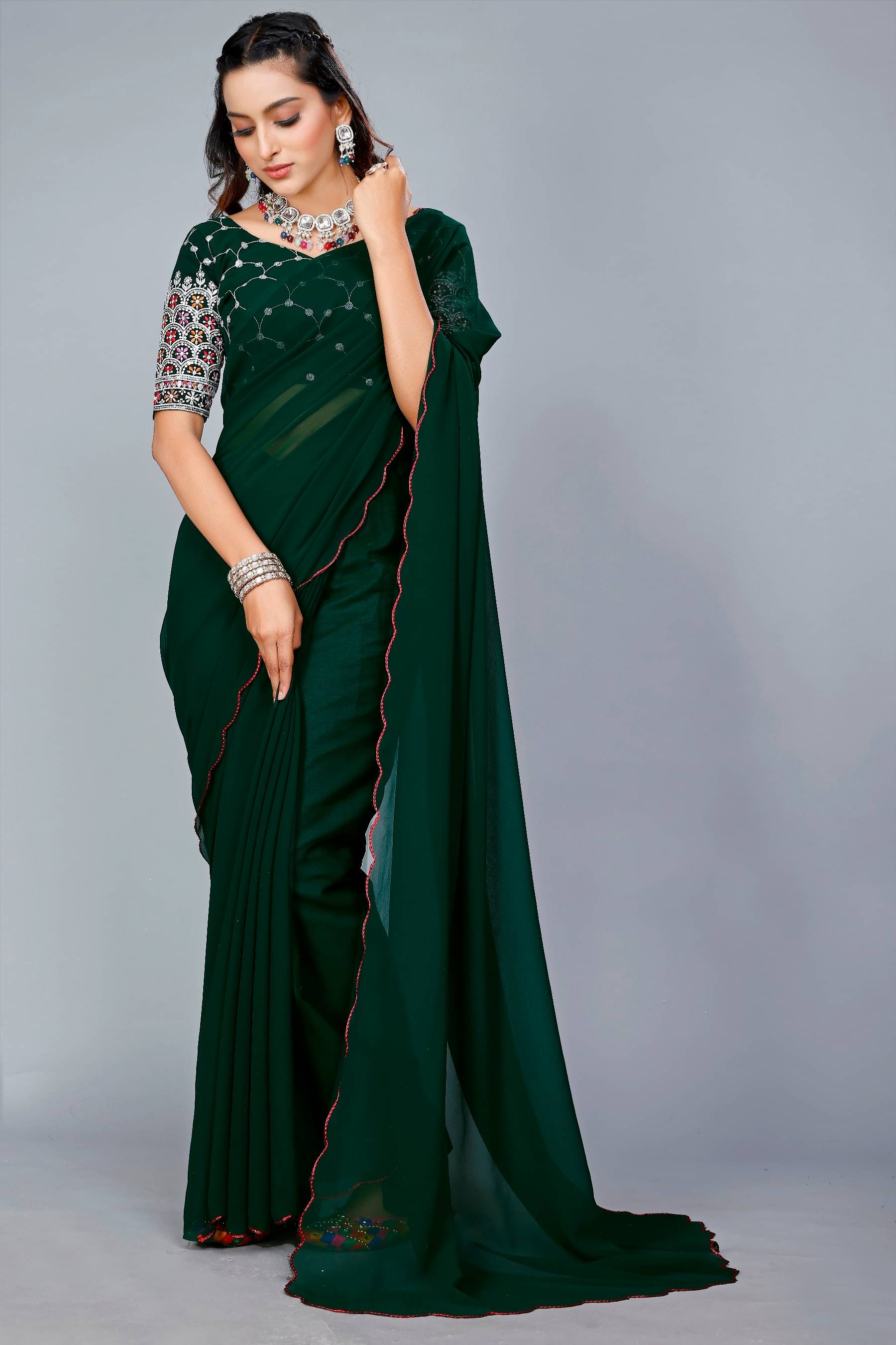 GENRIC 01 Georgette Solid Maheshwari Saree With Unstitched Blouse Piece ( Green )     			GENRIC 01 Georgette Solid Maheshwari Saree With Unstitched Blouse Piece ( Green )