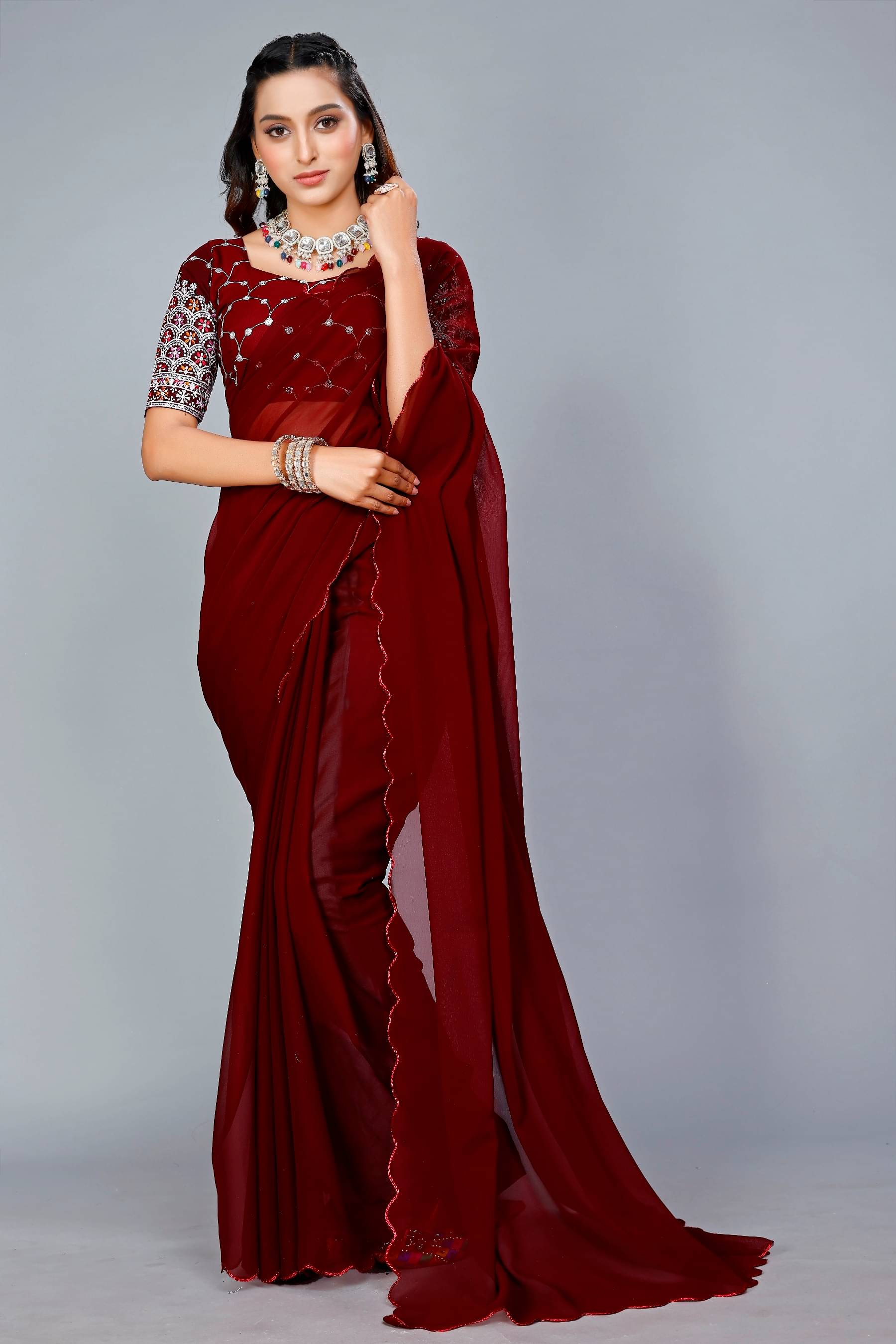     			GENRIC 01 Georgette Solid Maheshwari Saree With Unstitched Blouse Piece ( Maroon )