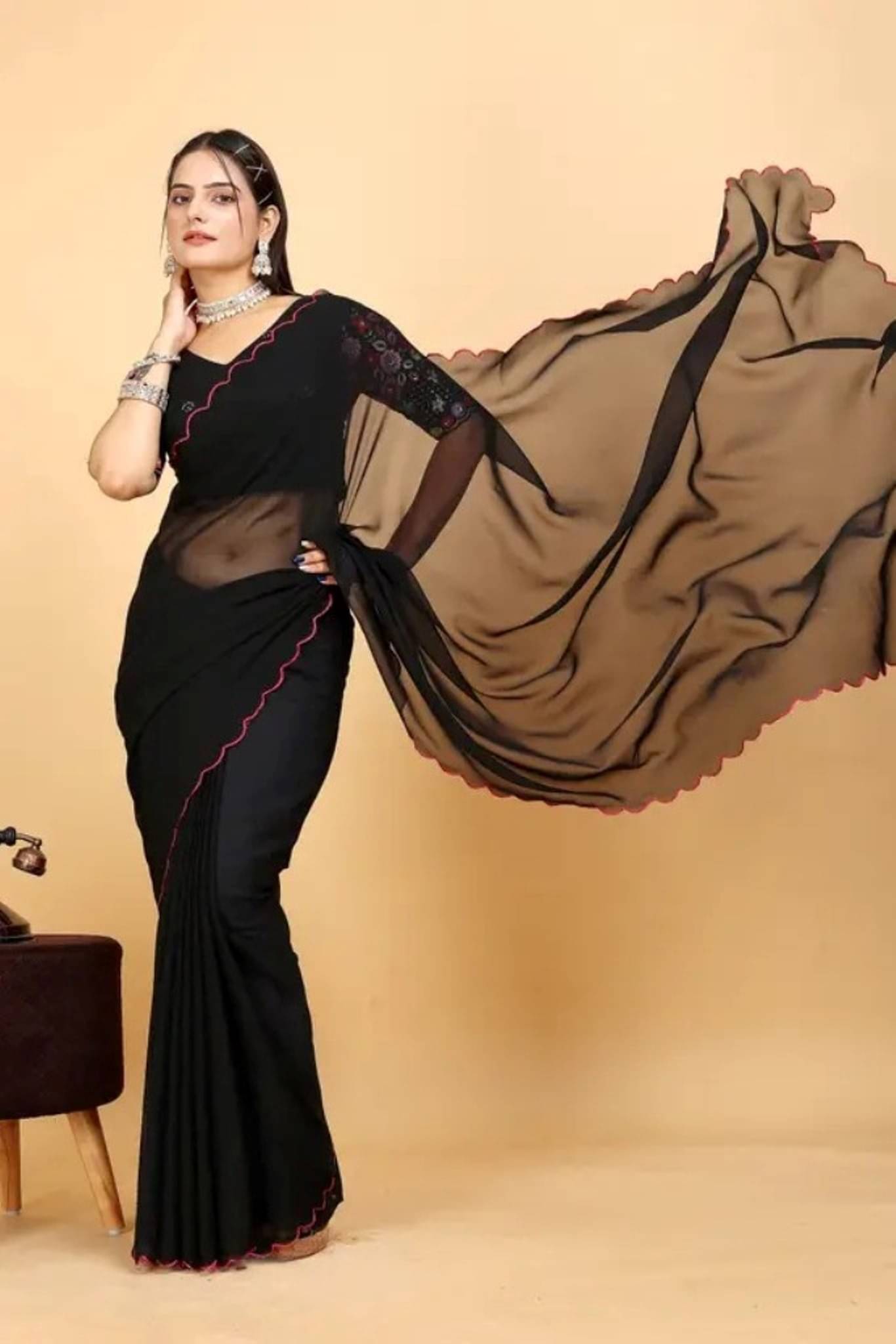     			GENRIC 03 Georgette Self Design Dharmavaram Saree With Unstitched Blouse Piece ( Black )