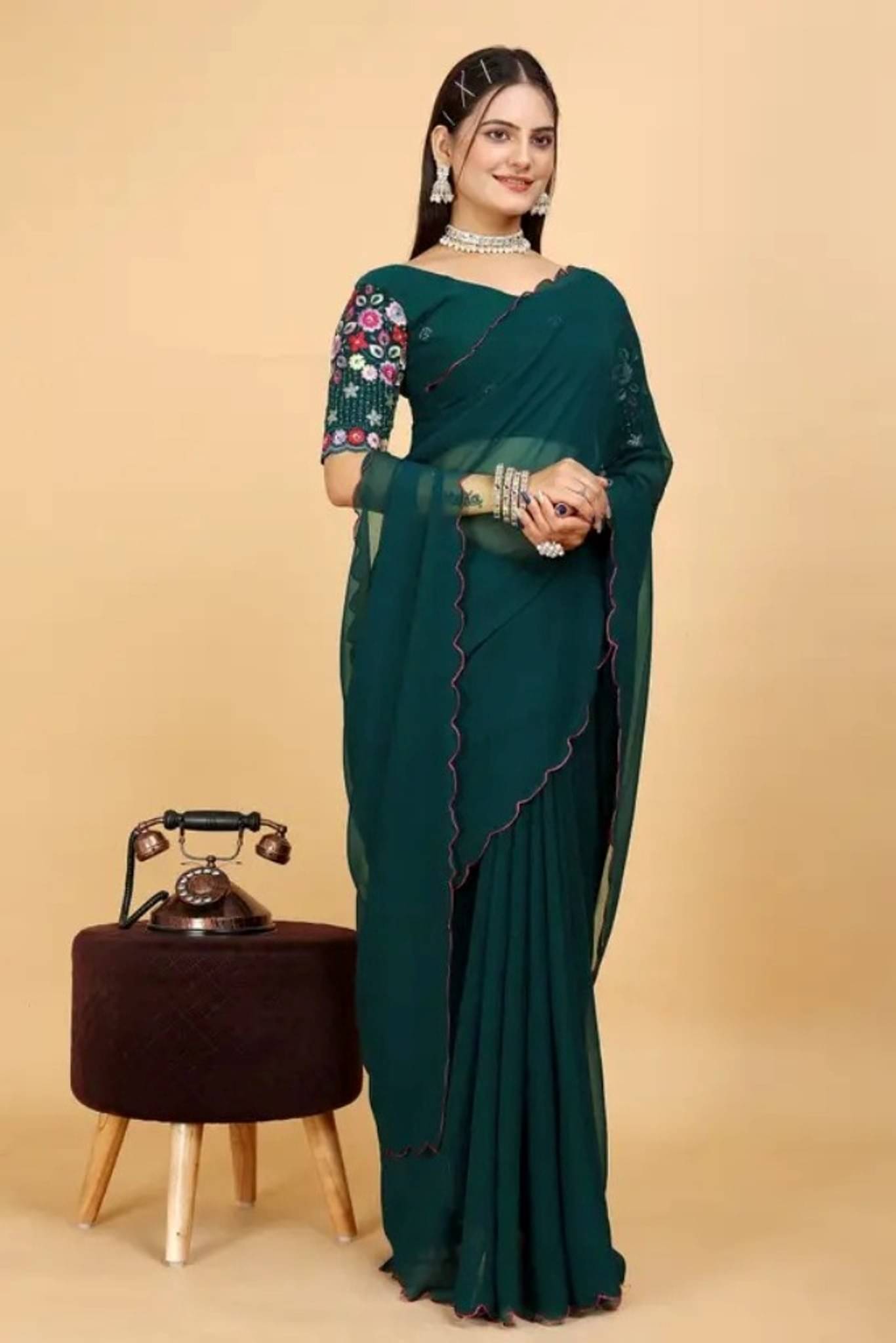     			GENRIC 03 Georgette Self Design Dharmavaram Saree With Unstitched Blouse Piece ( Green )